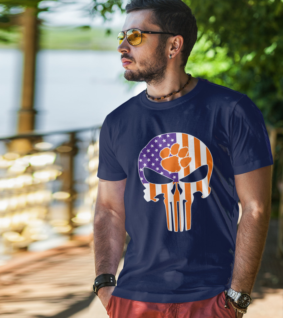 Clemson Tigers The Punisher American Flag Skull Paw T-Shirt
