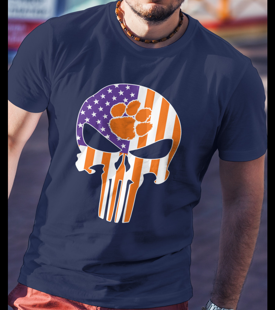 Clemson Tigers The Punisher American Flag Skull Paw T-Shirt