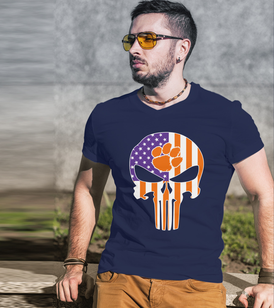 Clemson Tigers The Punisher American Flag Skull Paw T-Shirt