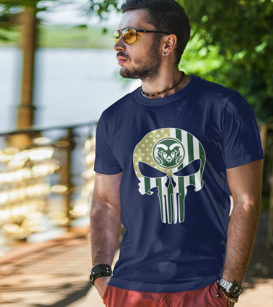 Colorado State Rams The Punisher Skull With American Flag And Ram T-Shirt