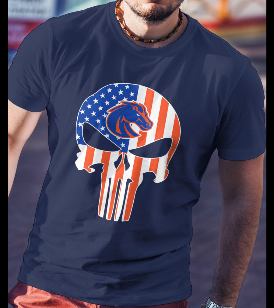 Boise State Broncos The Punisher American Flag Skull T-Shirt