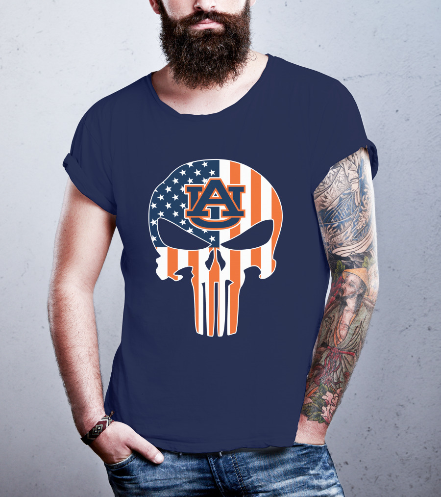 Auburn Au Logo American Flag Punisher Skull T-Shirt