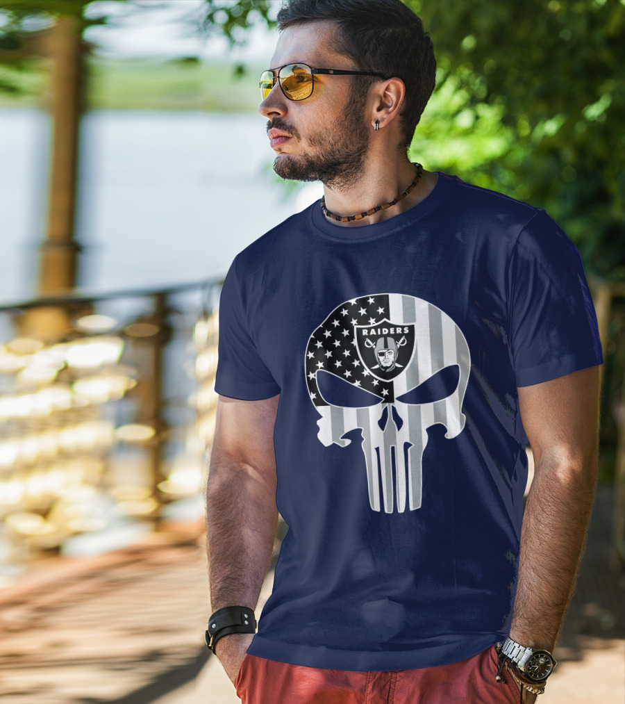 Oakland Raiders Punisher Skull American Flag T-Shirt