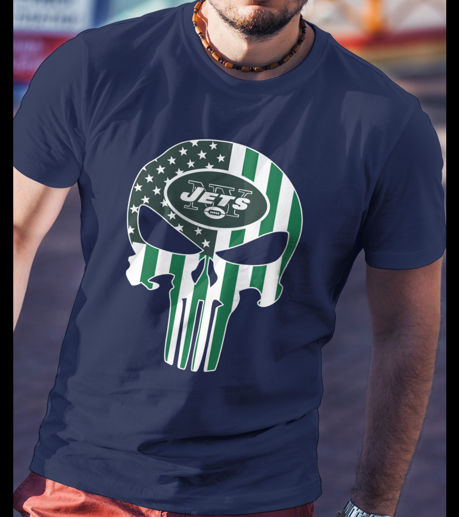 New York Jets Punisher Skull American Flag T-Shirt