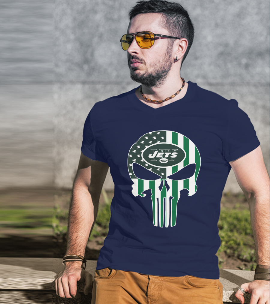 New York Jets Punisher Skull American Flag T-Shirt
