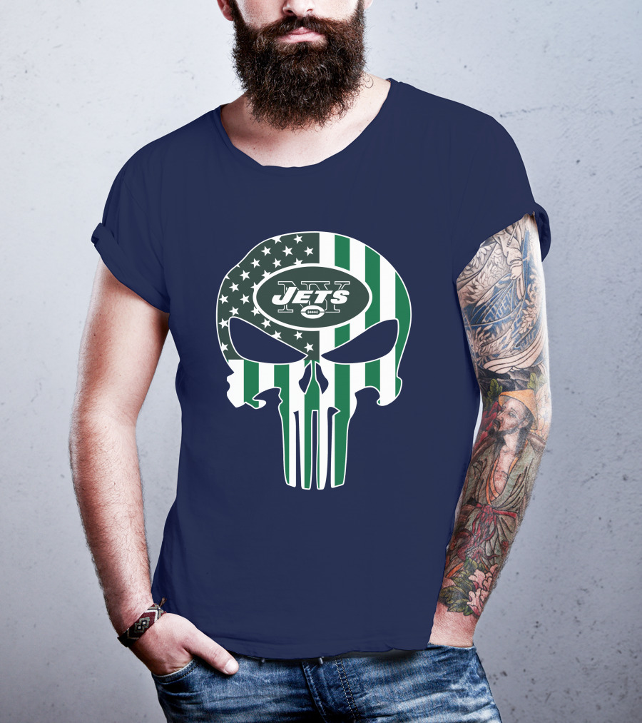 New York Jets Punisher Skull American Flag T-Shirt