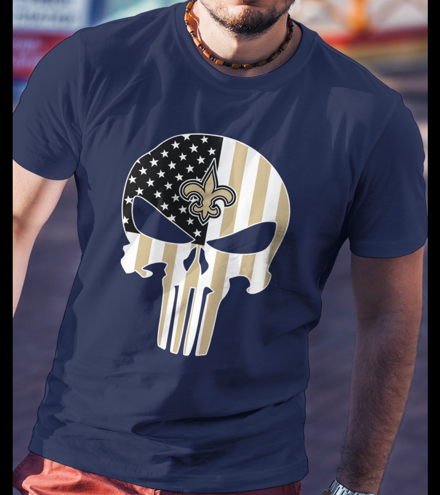 New Orleans Saints The Punisher American Flag Skull Fleur-De-Lis T-Shirt