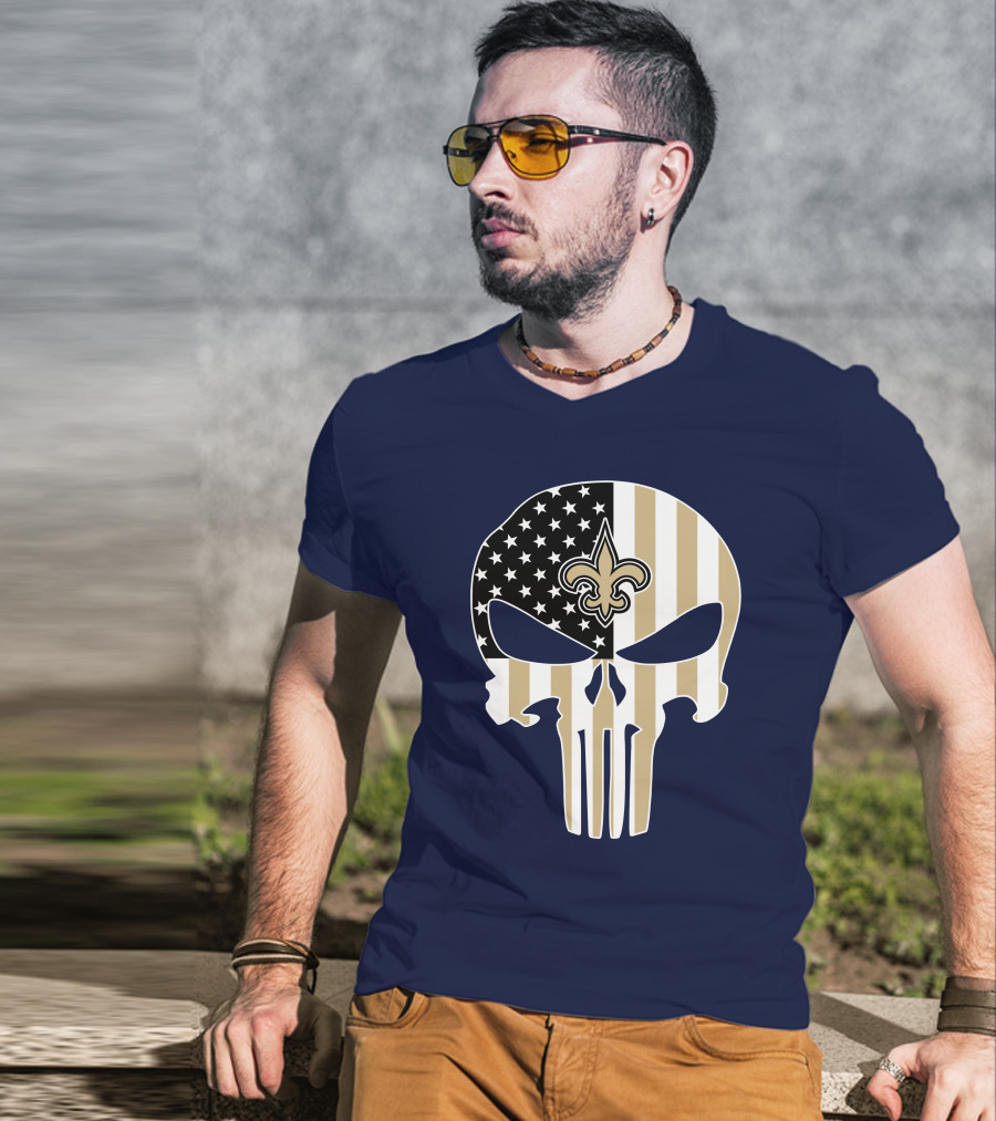 New Orleans Saints The Punisher American Flag Skull Fleur-De-Lis T-Shirt