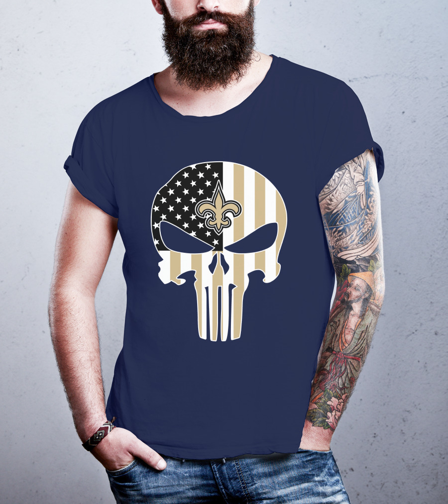 New Orleans Saints The Punisher American Flag Skull Fleur-De-Lis T-Shirt