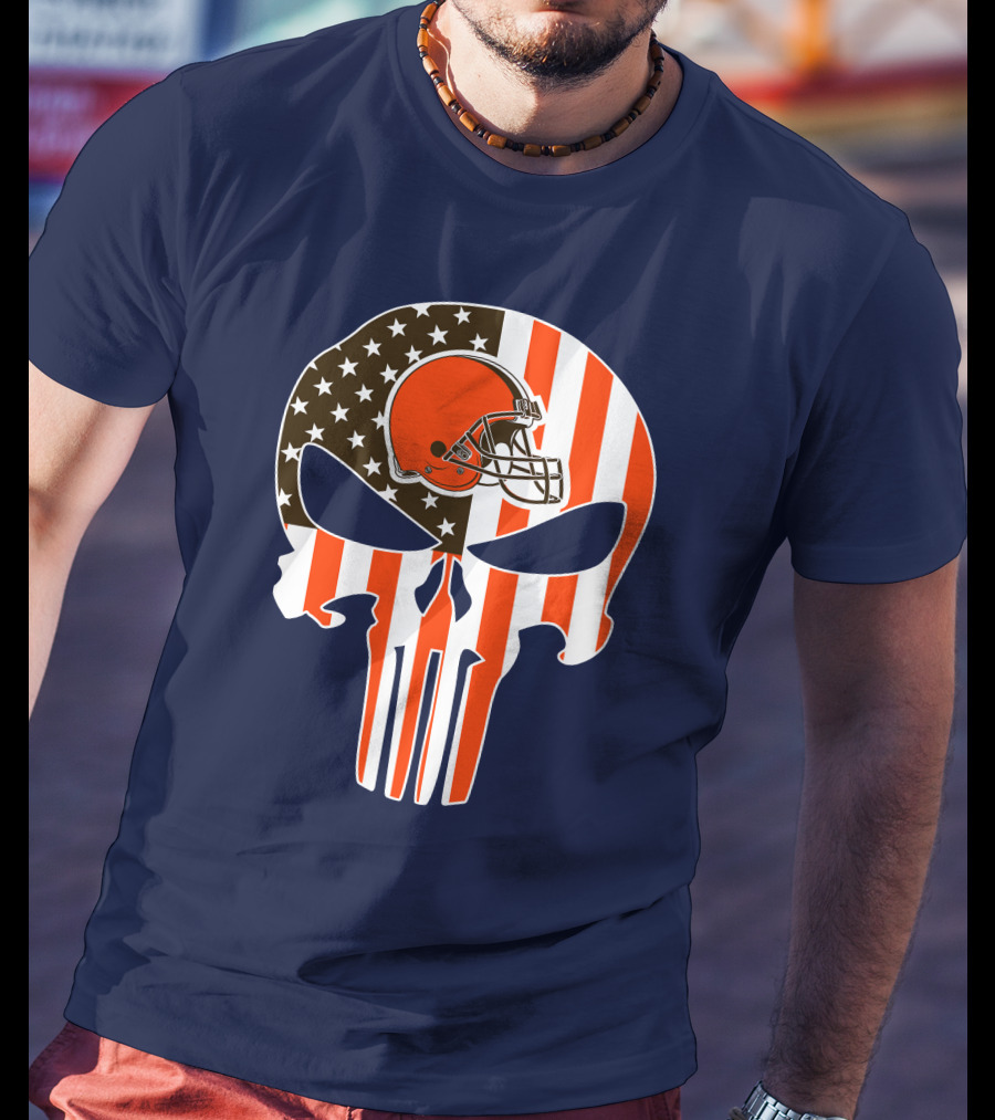 Cleveland Browns The Punisher American Flag Helmet Skull T-Shirt
