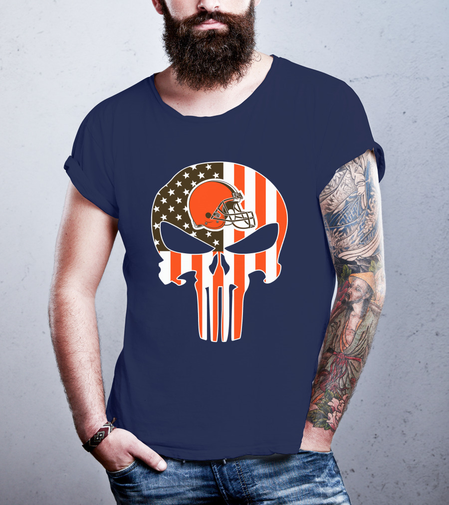 Cleveland Browns The Punisher American Flag Helmet Skull T-Shirt