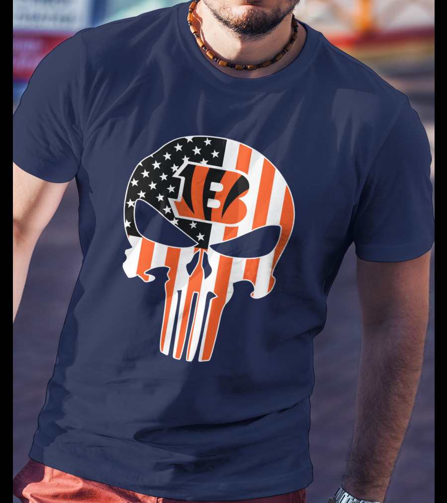 Cincinnati Bengals Skull Logo American Flag T-Shirt