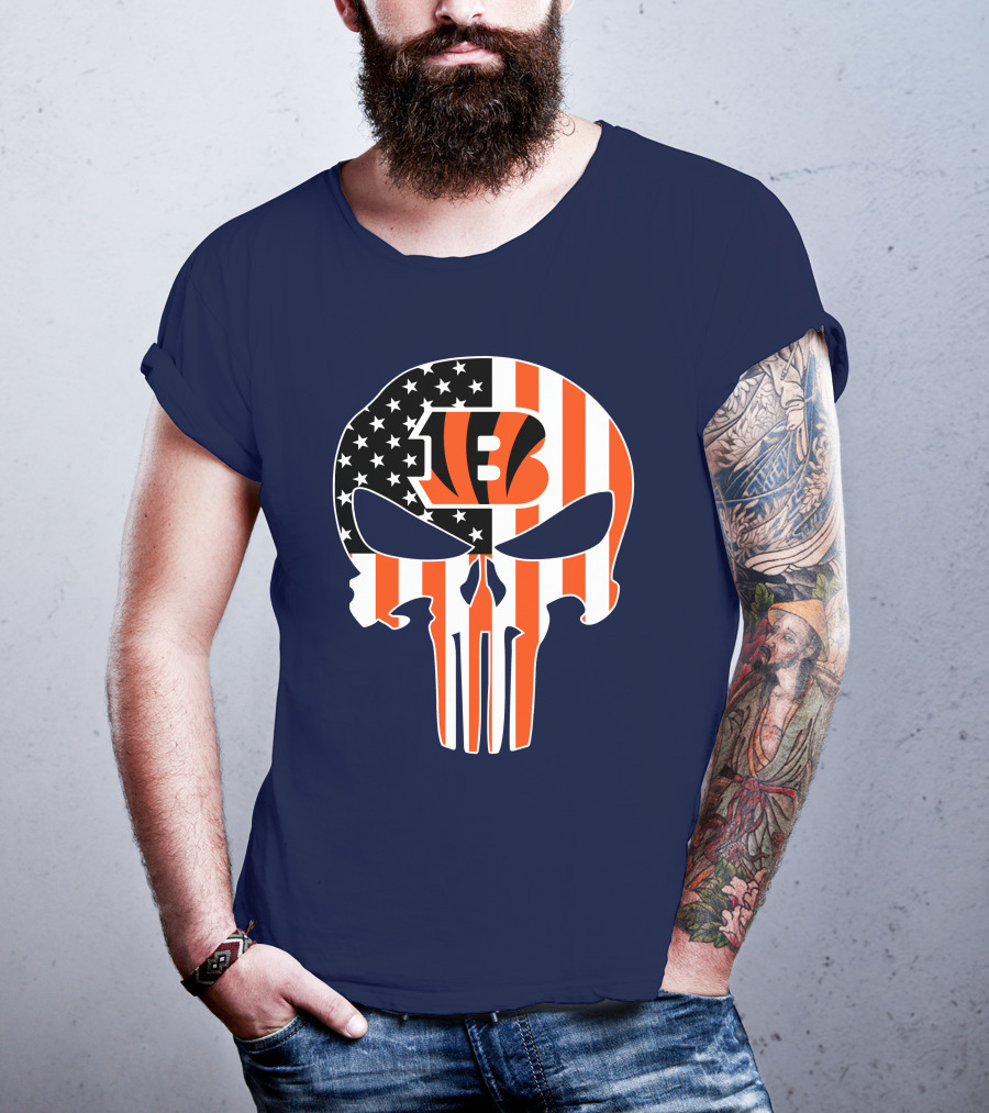 Cincinnati Bengals Skull Logo American Flag T-Shirt