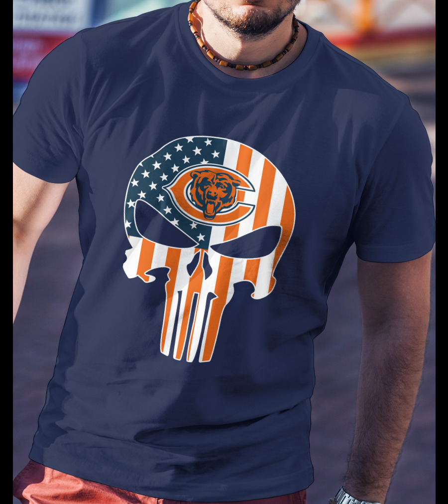 Chicago Bears The Punisher Skull American Flag T-Shirt