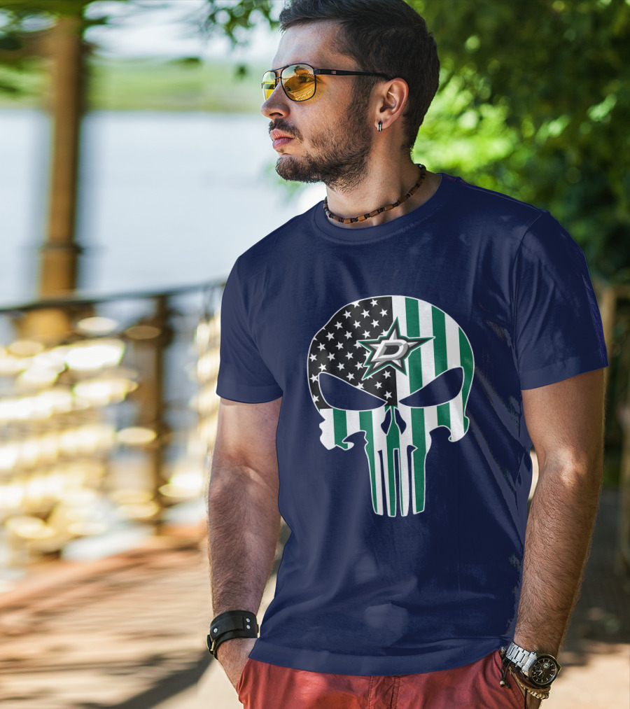 Dallas Stars Punisher Skull American Flag Stripe T-Shirt