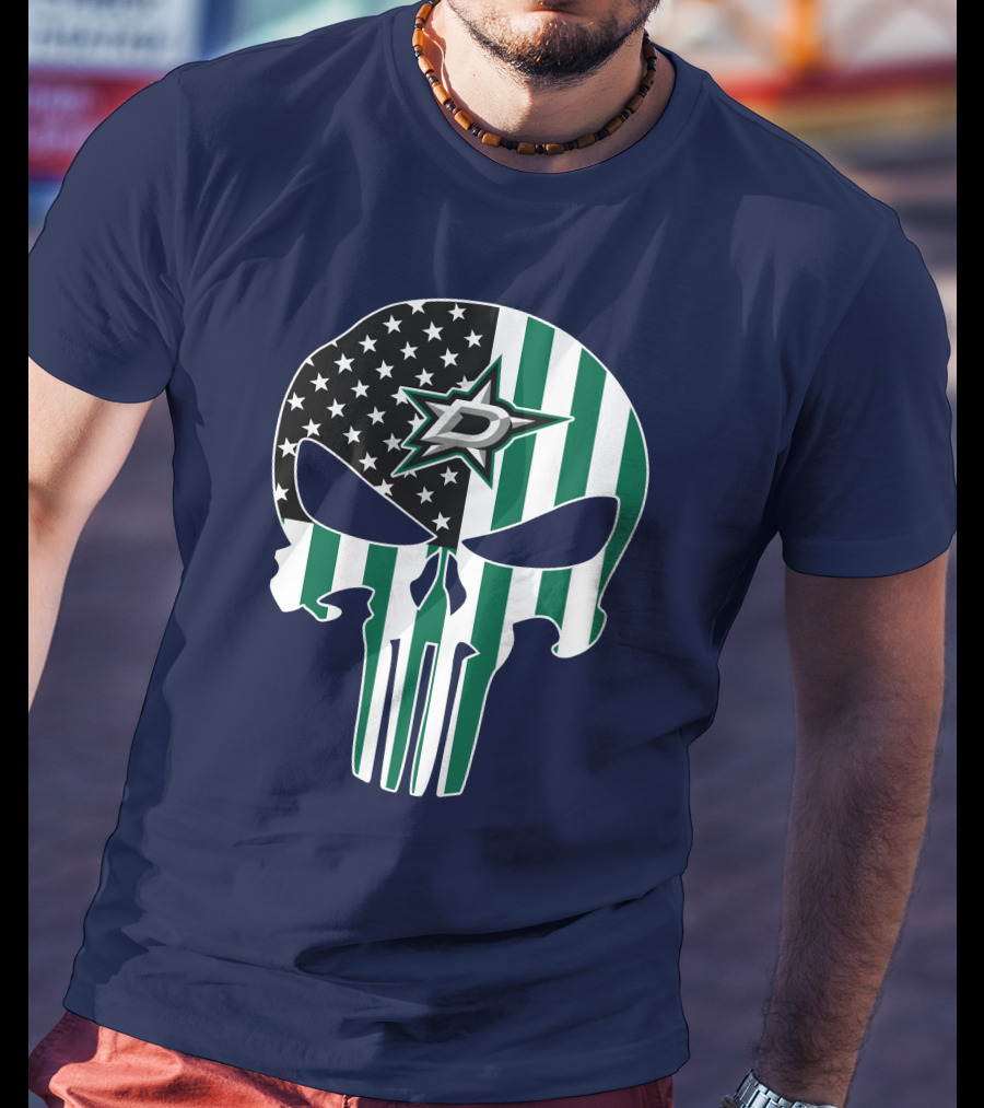 Dallas Stars Punisher Skull American Flag Stripe T-Shirt