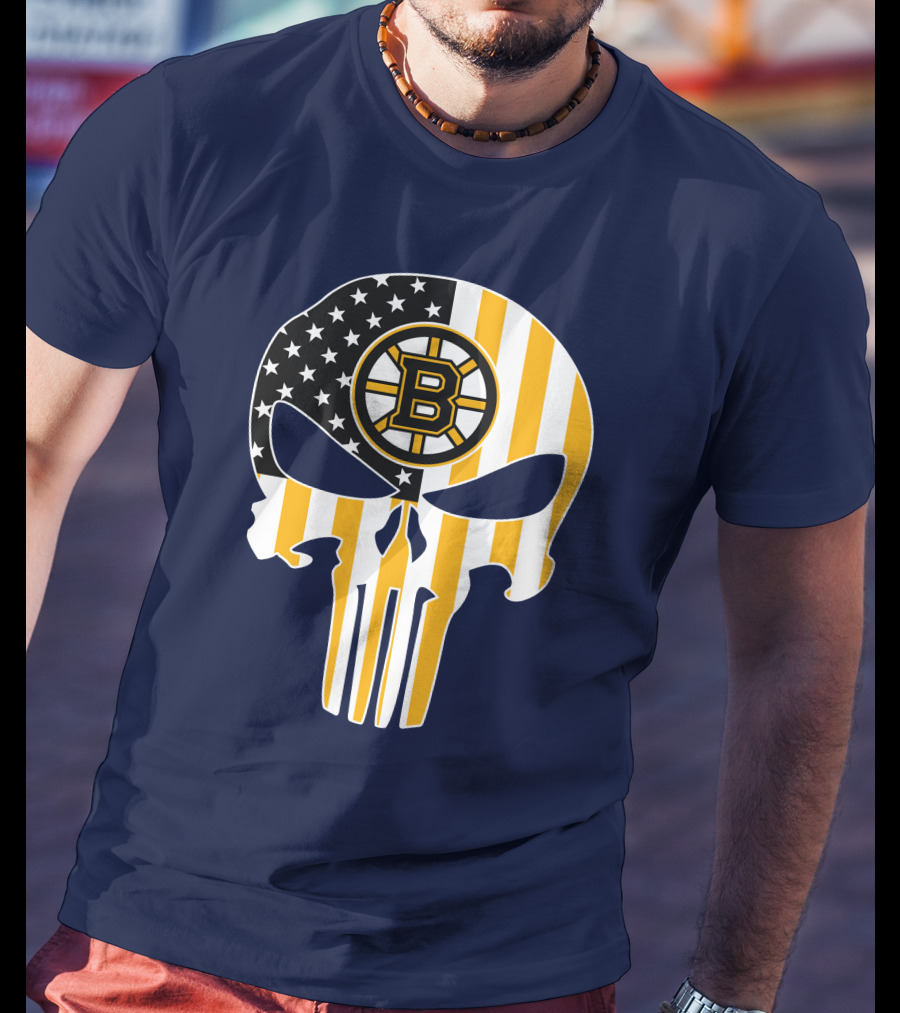 Boston Bruins The Punisher American Flag Skull T-Shirt
