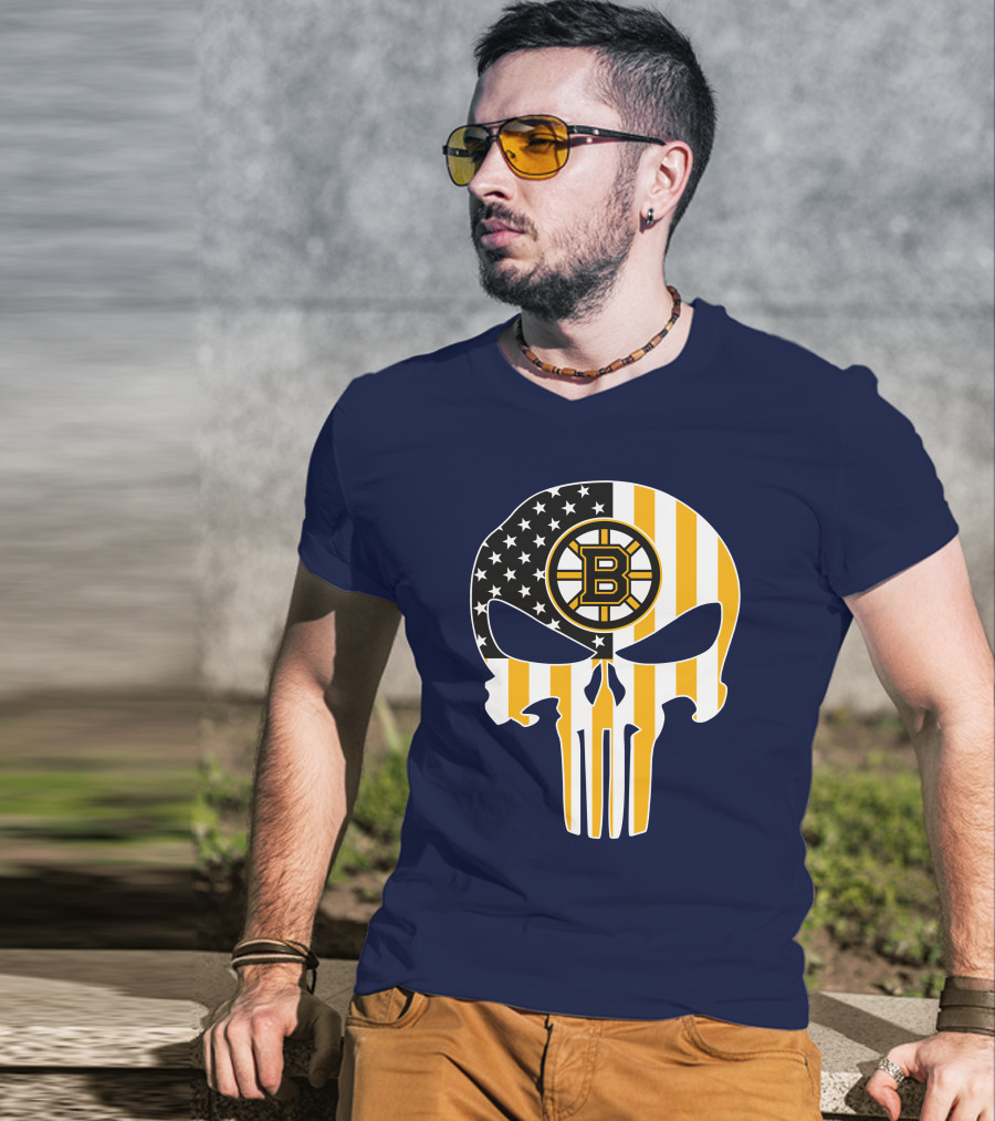 Boston Bruins The Punisher American Flag Skull T-Shirt