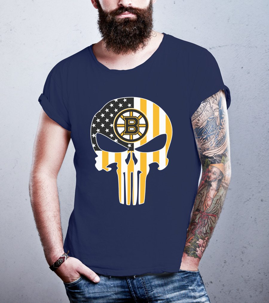 Boston Bruins The Punisher American Flag Skull T-Shirt