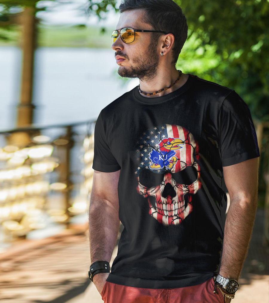 Patriotic Skull With Kansas Jayhawks Logo American Flag 80S Style T-Shirt