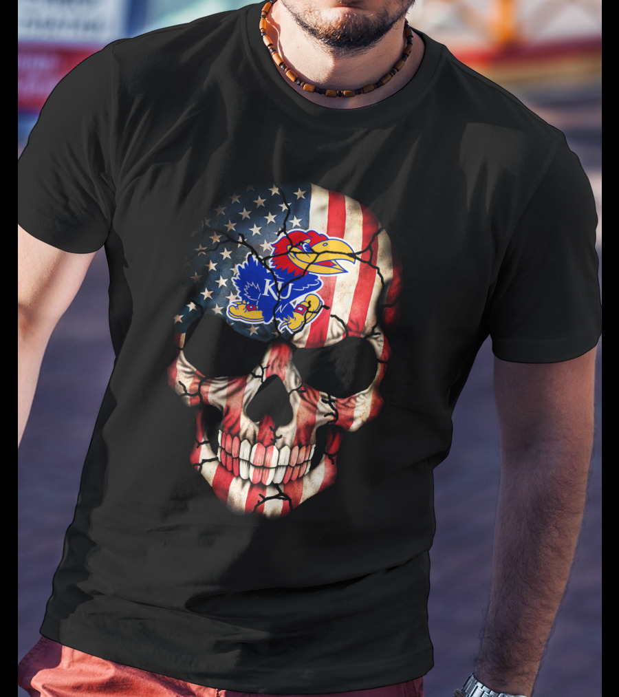 Patriotic Skull With Kansas Jayhawks Logo American Flag 80S Style T-Shirt