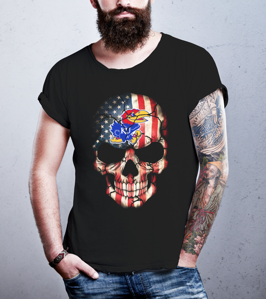 Patriotic Skull With Kansas Jayhawks Logo American Flag 80S Style T-Shirt