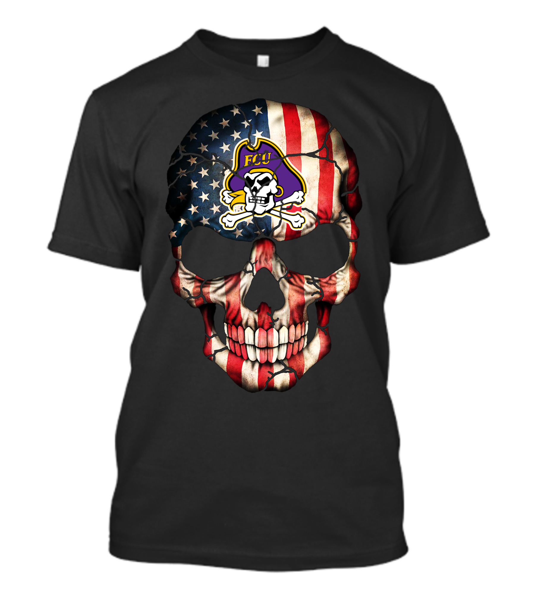 Skull With American Flag And Ecu Pirate T-Shirt