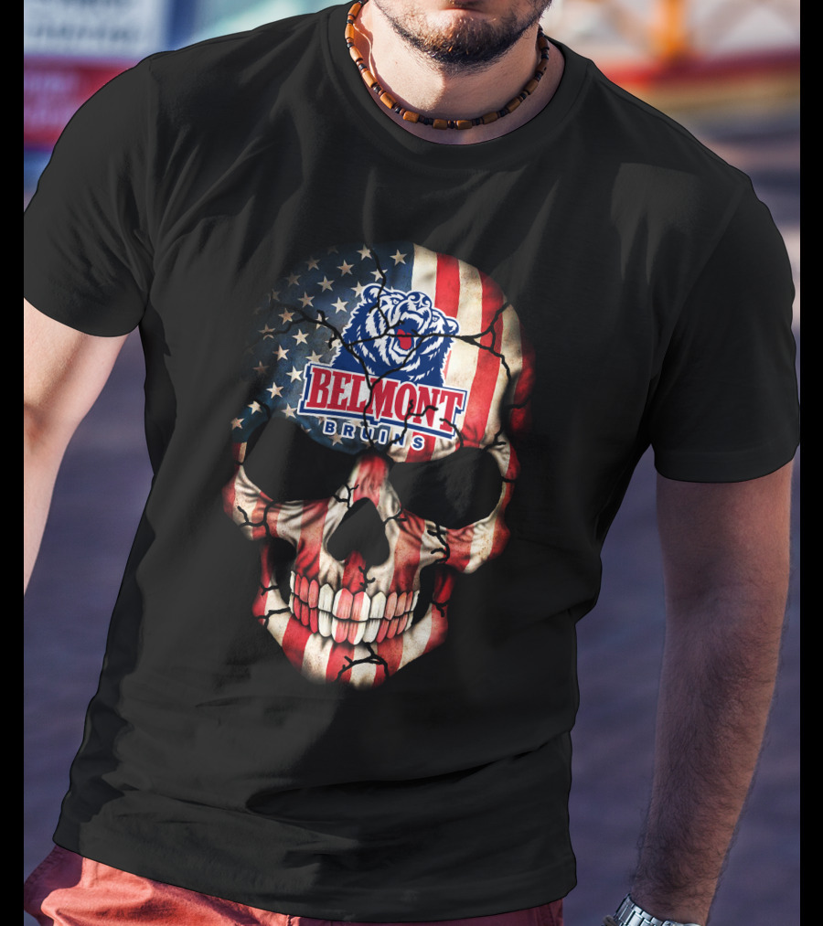 Belmont Bruins American Flag Skull With Bear T-Shirt
