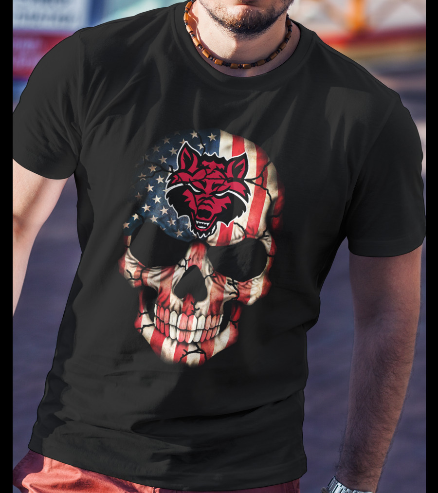 Arkansas State Red Wolves American Flag Skull T-Shirt