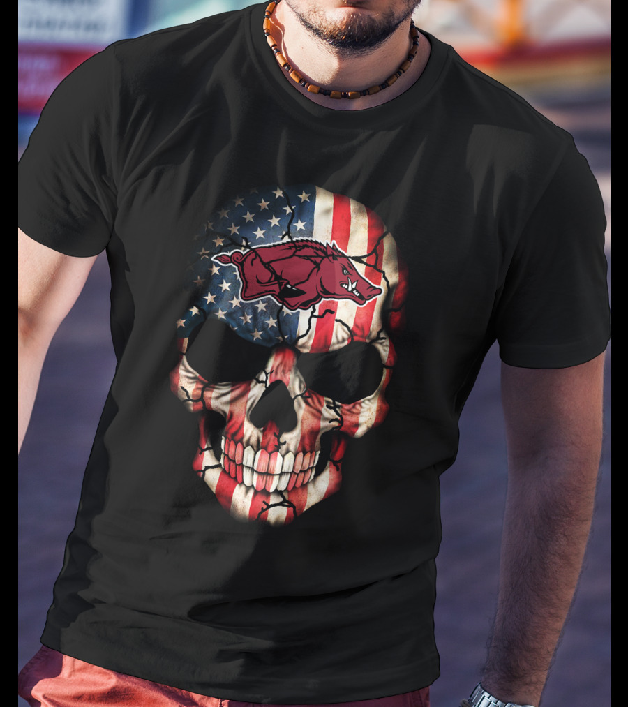 Arkansas Razorbacks Skull American Flag T-Shirt