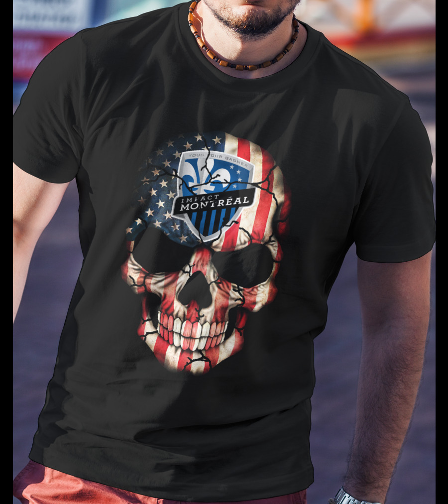 Tous Pour Gagner Impact Montreal American Flag Skull T-Shirt
