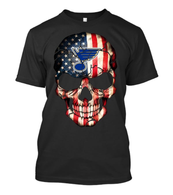 Skull With American Flag And St Louis Blues T-Shirt