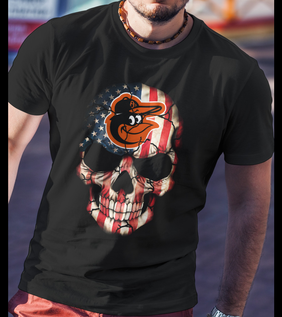 Baltimore Orioles American Flag Skull T-Shirt
