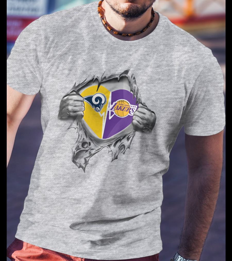 Lakers Rams Heart Logo Design With Emerging Hands T-Shirt