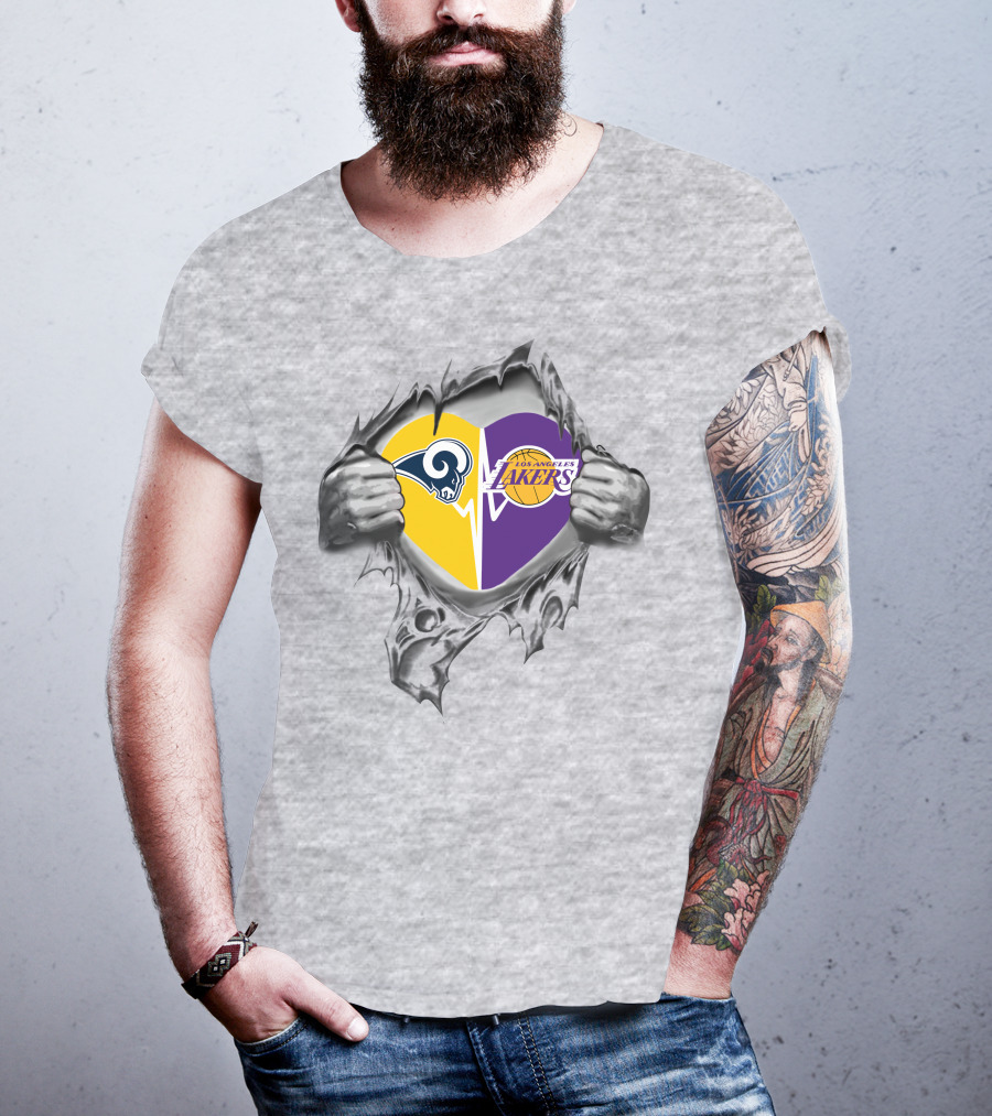 Lakers Rams Heart Logo Design With Emerging Hands T-Shirt