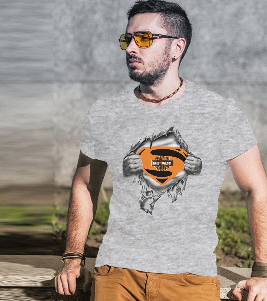 Superman Harley Davidson Logo Ripped Chest T-Shirt