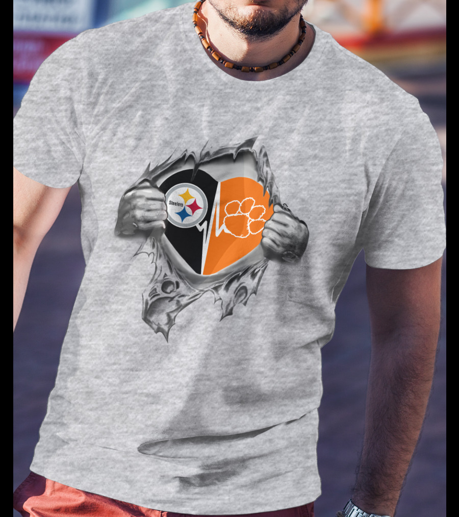 Steelers Clemson Tigers Heart Logo With Rip T-Shirt