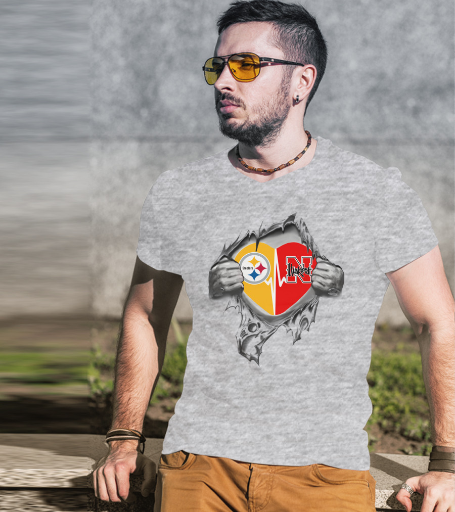 Steelers Nebraska Cornhuskers Heart Logo In Torn T-Shirt