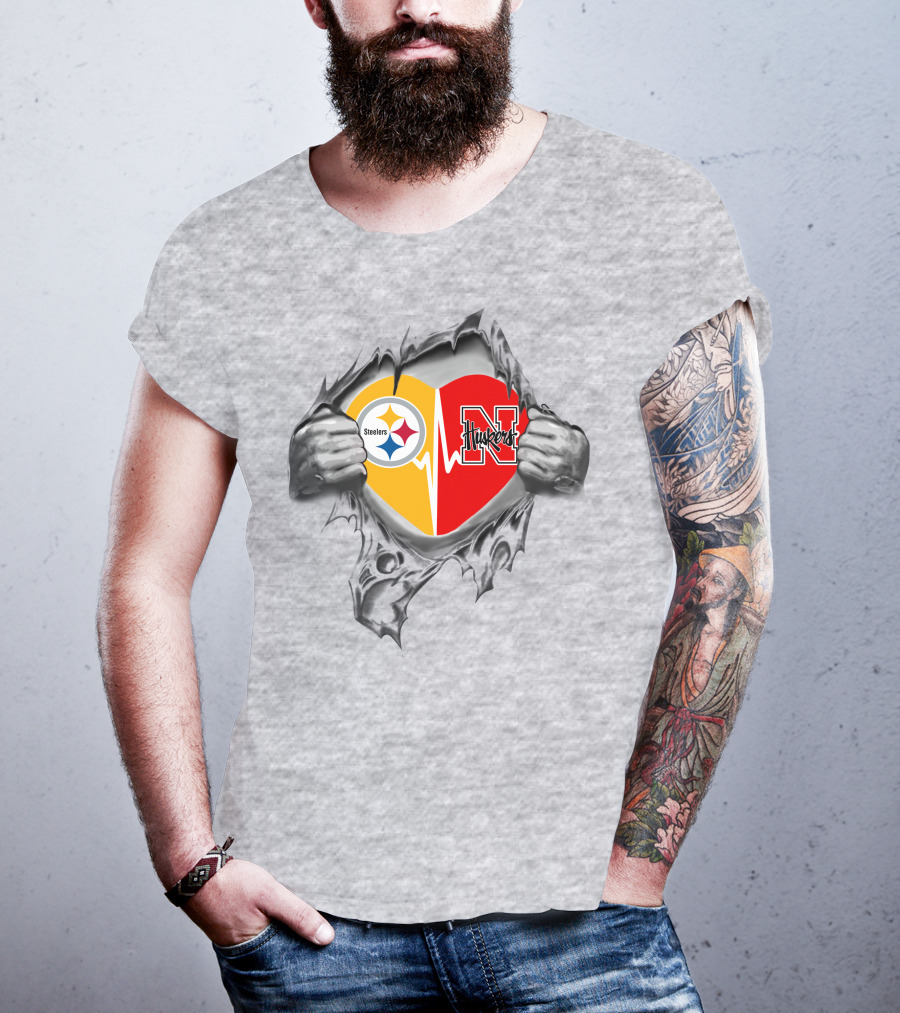 Steelers Nebraska Cornhuskers Heart Logo In Torn T-Shirt