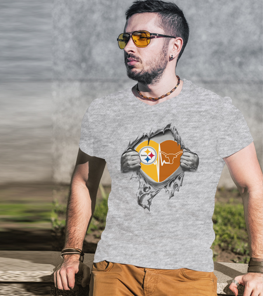 Steelers Texas Longhorns Heart Rip T-Shirt