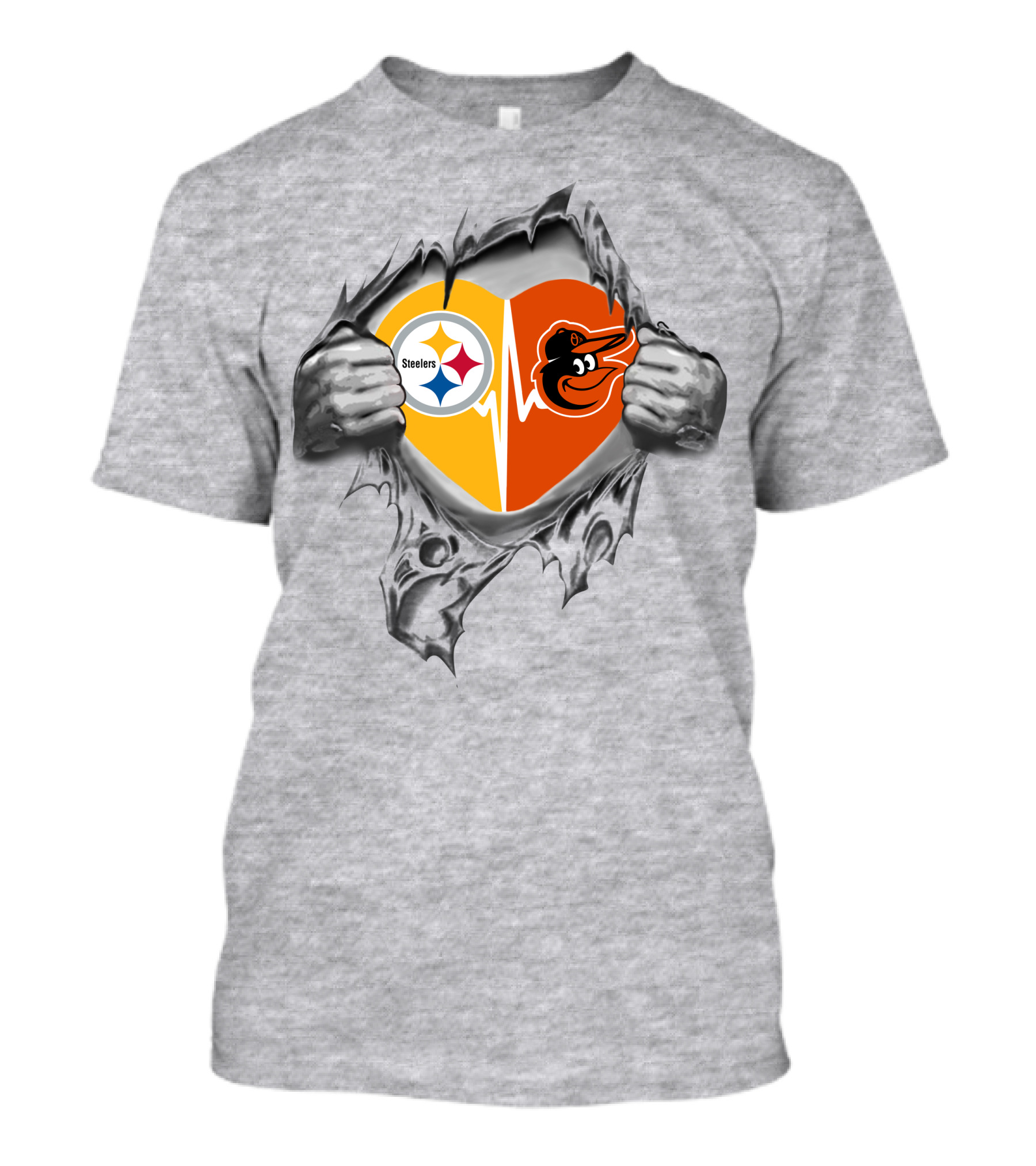 Steelers Baltimore Orioles Heart With Logos And Hands Peeling T-Shirt