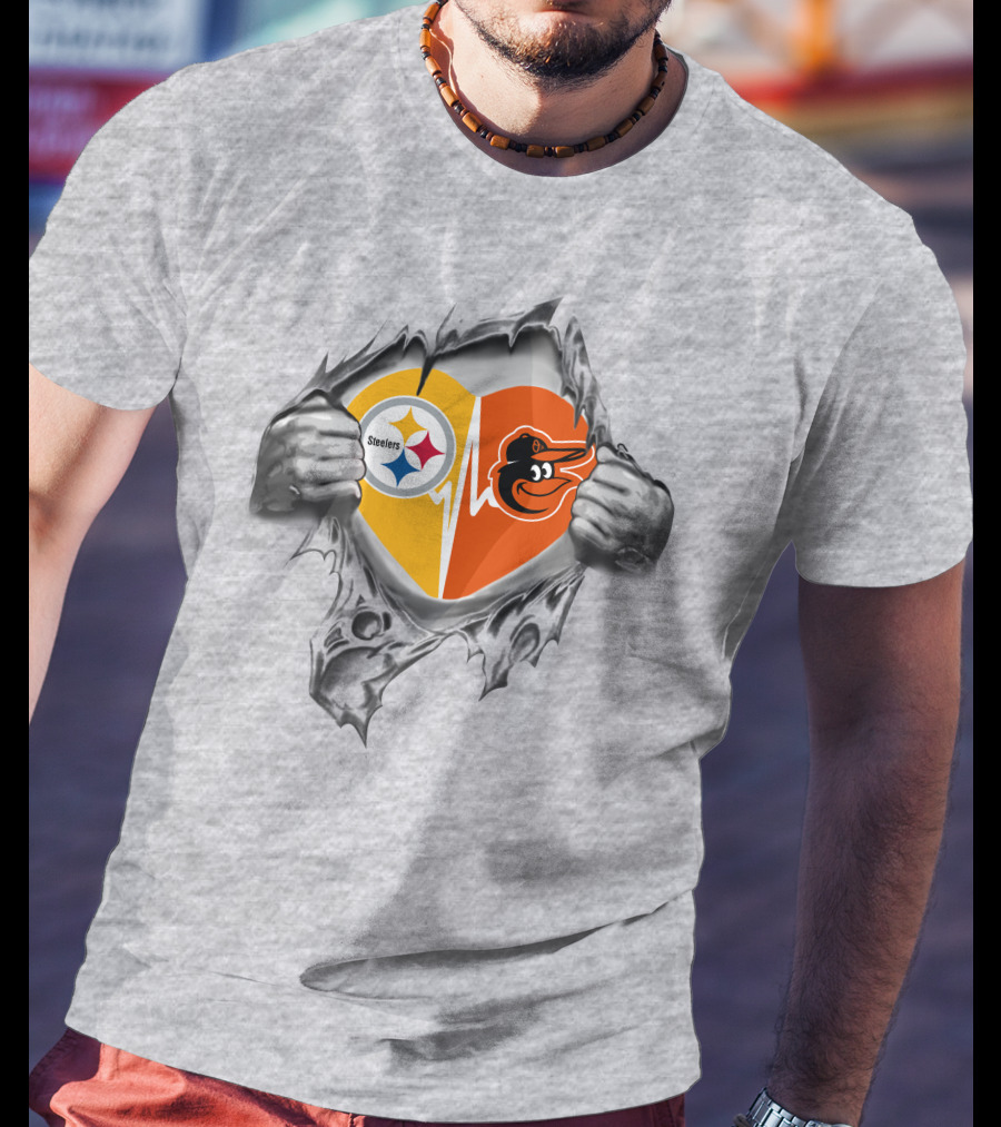Steelers Baltimore Orioles Heart With Logos And Hands Peeling T-Shirt