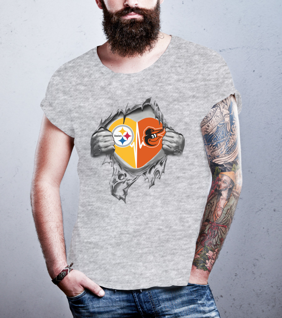 Steelers Baltimore Orioles Heart With Logos And Hands Peeling T-Shirt