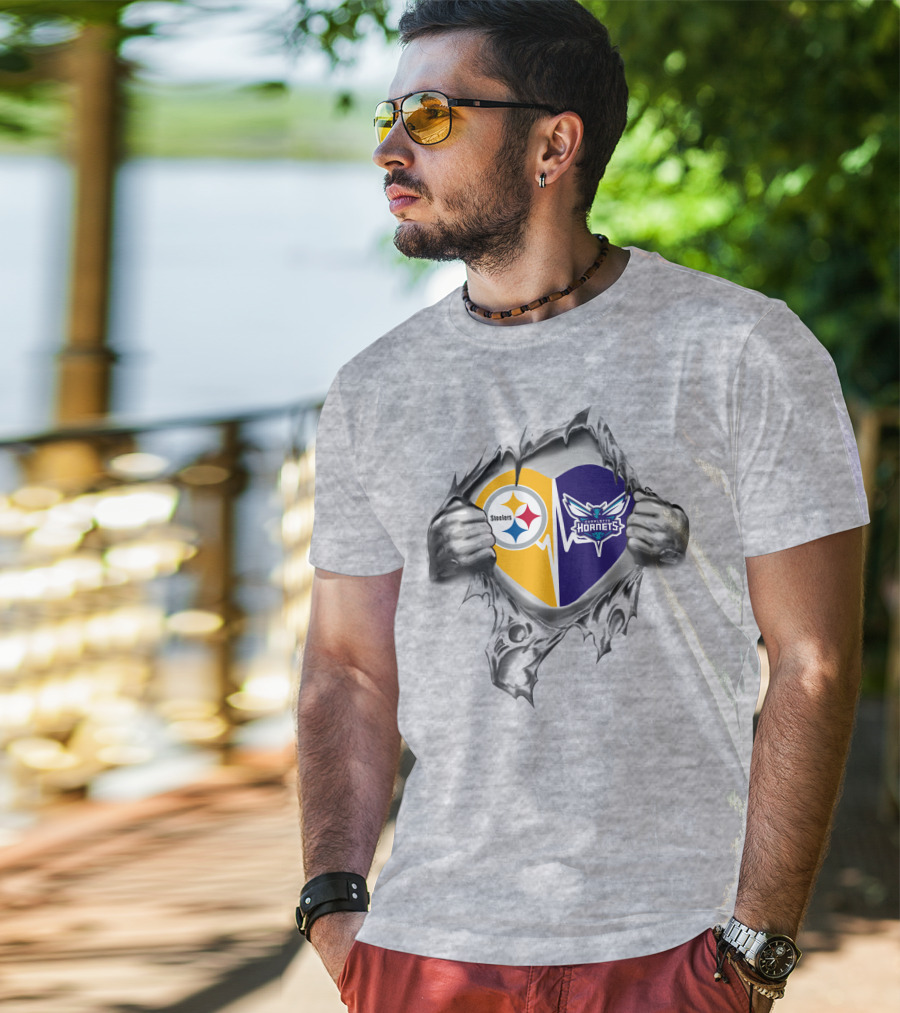 Steelers Charlotte Hornets Heart Split T-Shirt