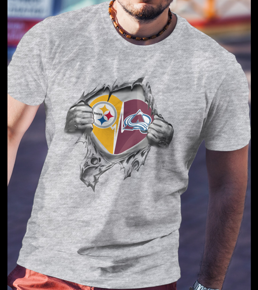 Steelers Colorado Avalanche Heart With Logos Torn Metal Effect T-Shirt