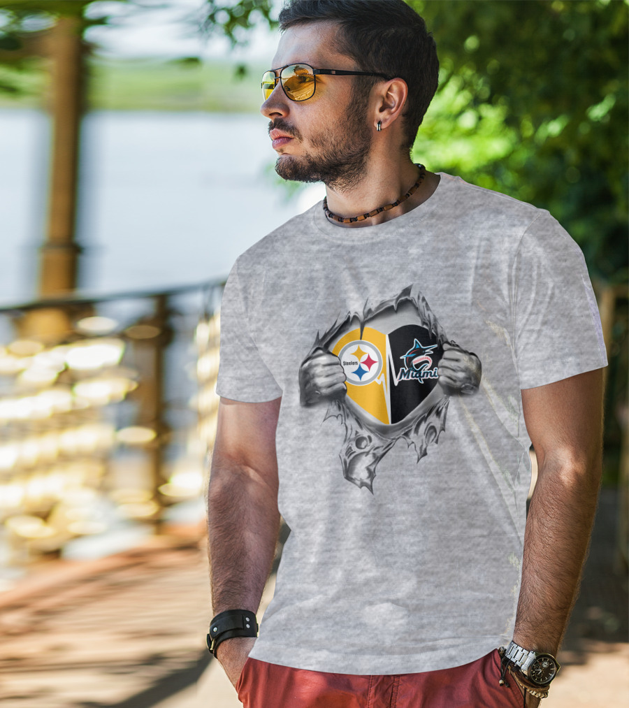 Steelers Miami Marlins Heart Logo Tear T-Shirt