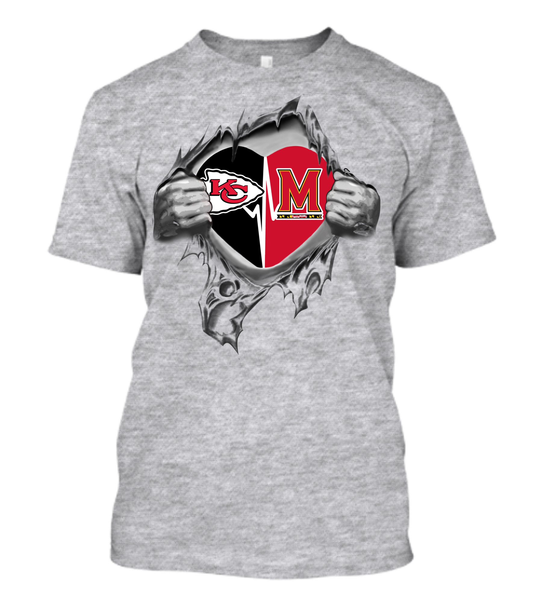 Chiefs Maryland Terrapins Heart Design With Split Logo In Torn T-Shirt