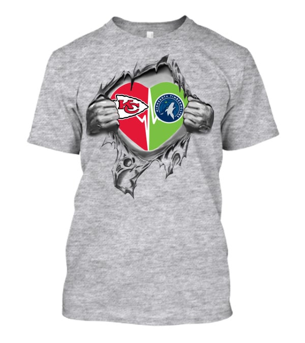 Chiefs Minnesota Timberwolves Heart Design With Logos And Hand Ripping Effect T-Shirt