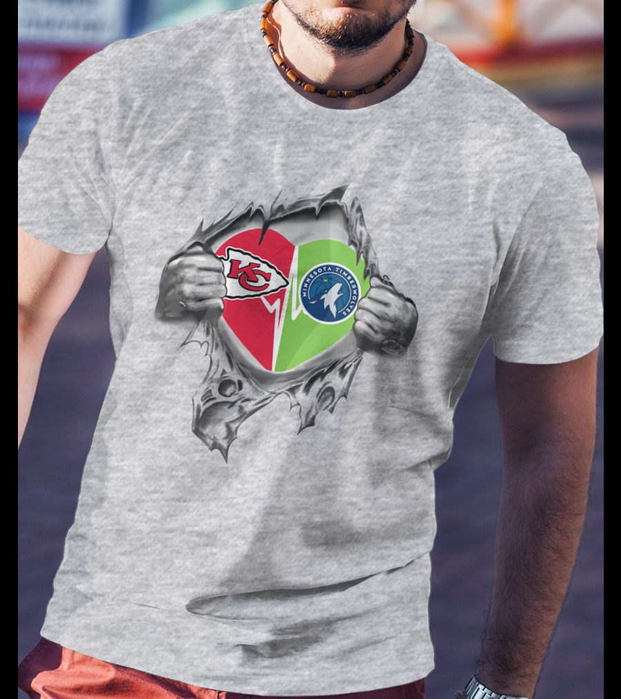 Chiefs Minnesota Timberwolves Heart Design With Logos And Hand Ripping Effect T-Shirt
