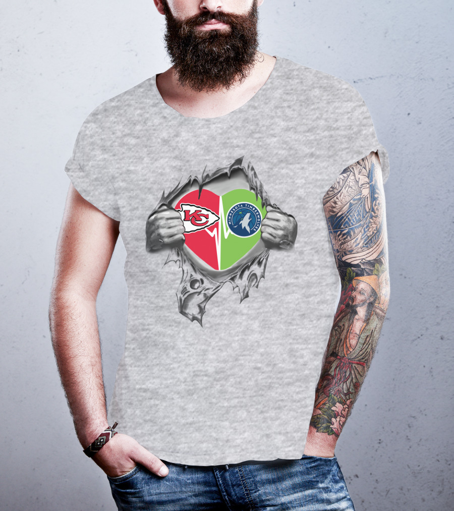 Chiefs Minnesota Timberwolves Heart Design With Logos And Hand Ripping Effect T-Shirt